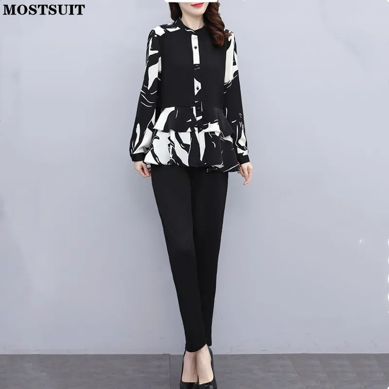 

Vintage Two Piece Pant Sets Women 2022 Spring Autumn Printed Blouse & Pants Outfits Fashion Loose Ladies Pant Sets