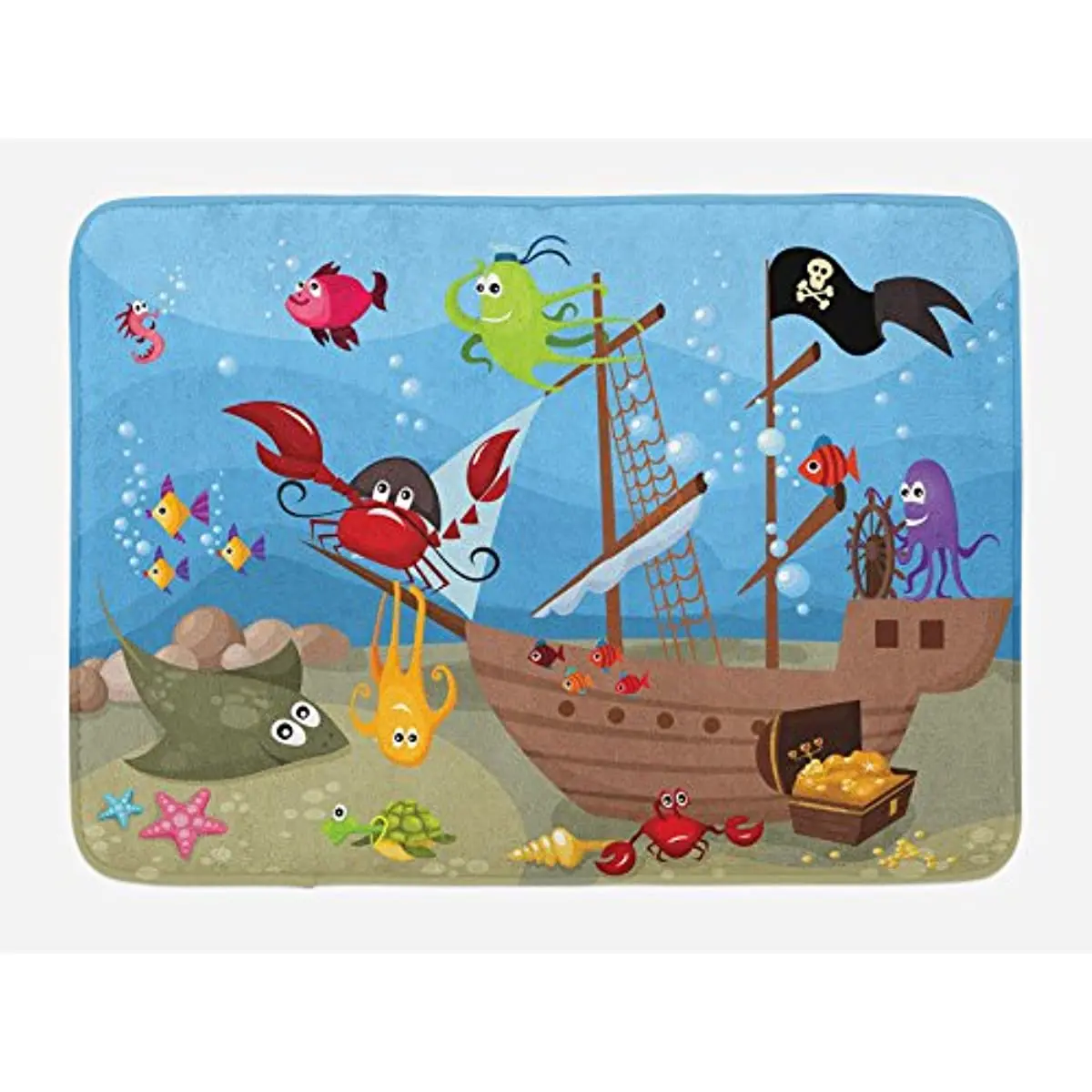 

Мультяшный корабль под морем, обнаруженный морскими животными, сундук с сокровищами, морские приключения, Плюшевый Декоративный Коврик для...
