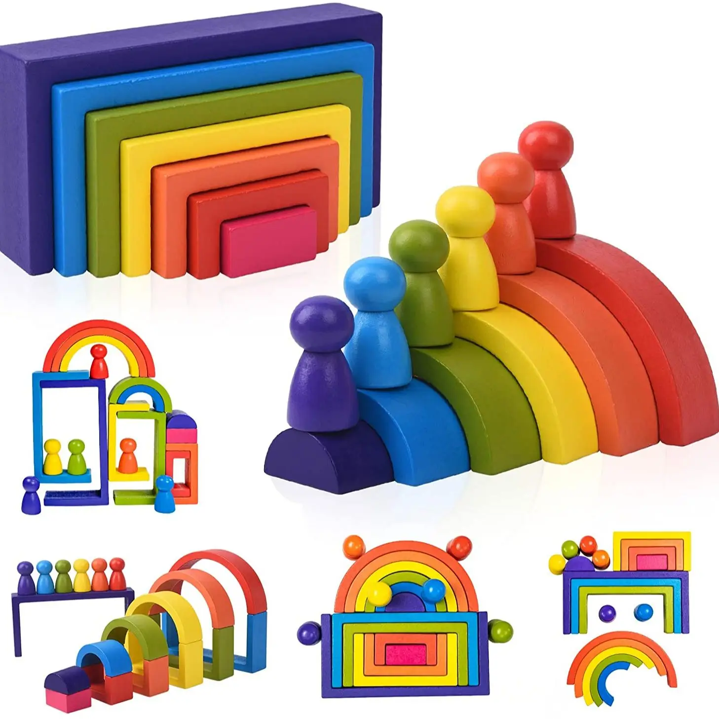 

Montessori 19Pcs Wooden Toys Rainbow Stacking Building Blocks Toys Figure Model Preschool Activity Educational Toy Kids Gift