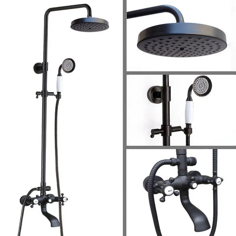 

Black Oil Rubbed Brass Wall Mounted Waterfall Rain Shower Faucet Set Dual Cross Handles Bathroom Bathtub Water Tap ahg108