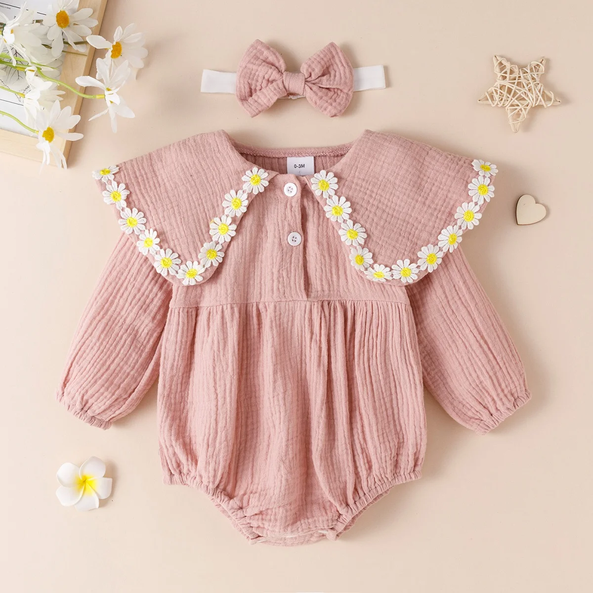 

hibobi Baby Girls Romper Autumn Long Sleeve Solid Color Cotton Jumpsuit With Bowknot Headband Cute Daisy Decor Infant Outfit
