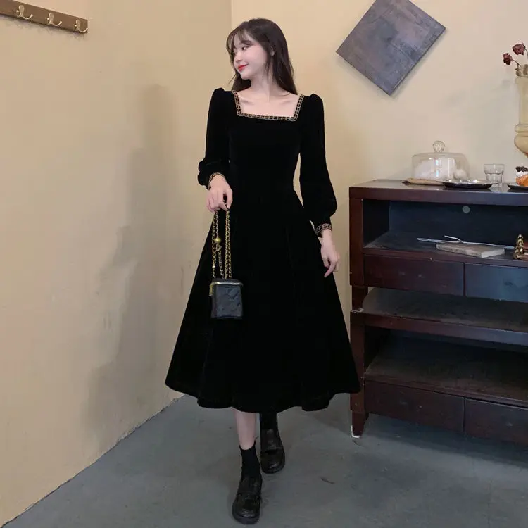 

Long Sleeve Dress Women Solid Square Collar Lady Elegant All-match Fashion Design Spring New Mid-calf Daily Casual Korean Style