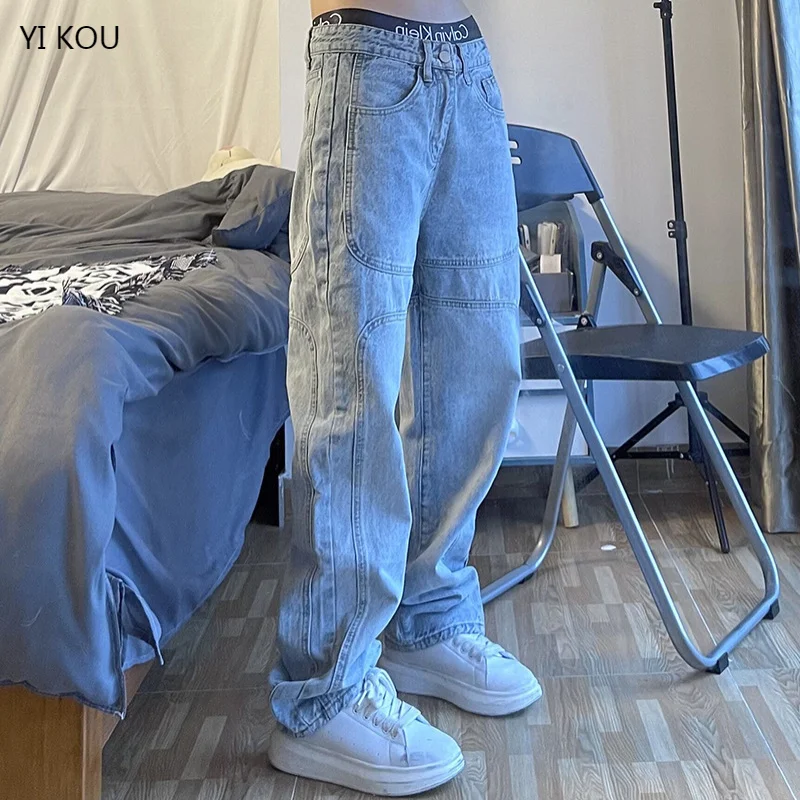 

2024 Trendy High Washed Men's Retro Loose Street Hip-hop Straight Casual Trousers Men Jeans