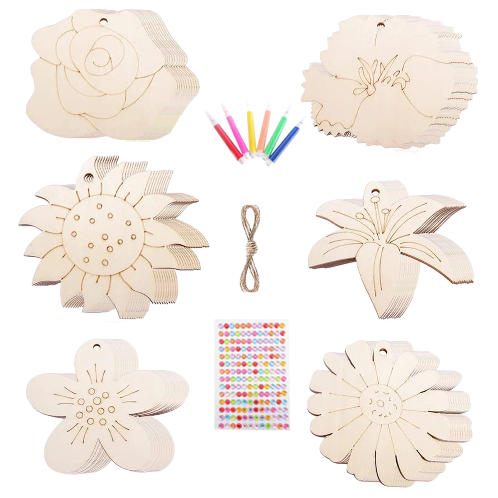 

60pcs 6 Kinds Of Flower Shaped Cutouts Slice Unfinished Mix Wooden Pieces For DIY Wooden Art Decoration Doodle Scrapbooking