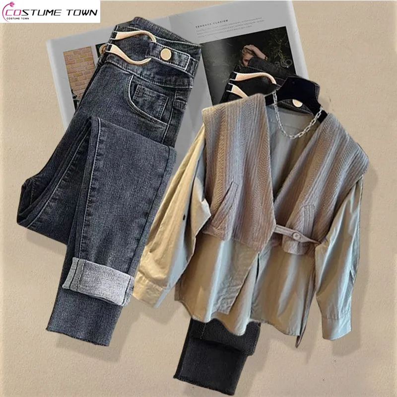 Осень/зима корейская новая модная рубашка в стиле ретро + джинсы для похудения