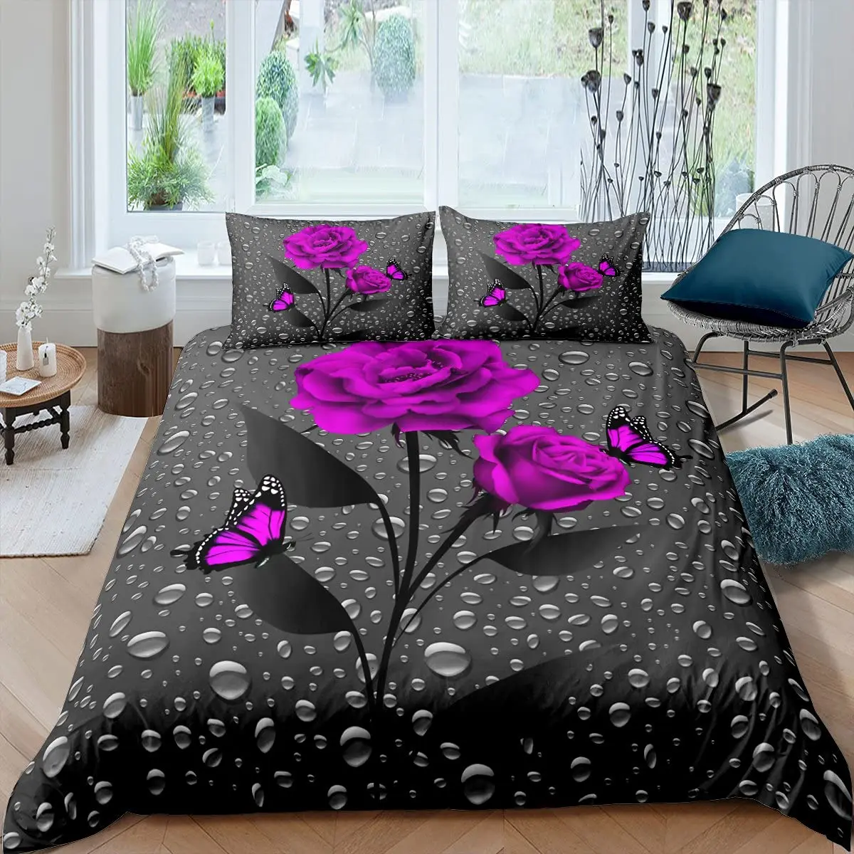 

Beautiful Butterflies Flowers Bedding Set Purple Rose King Queen Duvet Cover for Teen Adults Floral 2/3pcs Polyester Quilt Cover