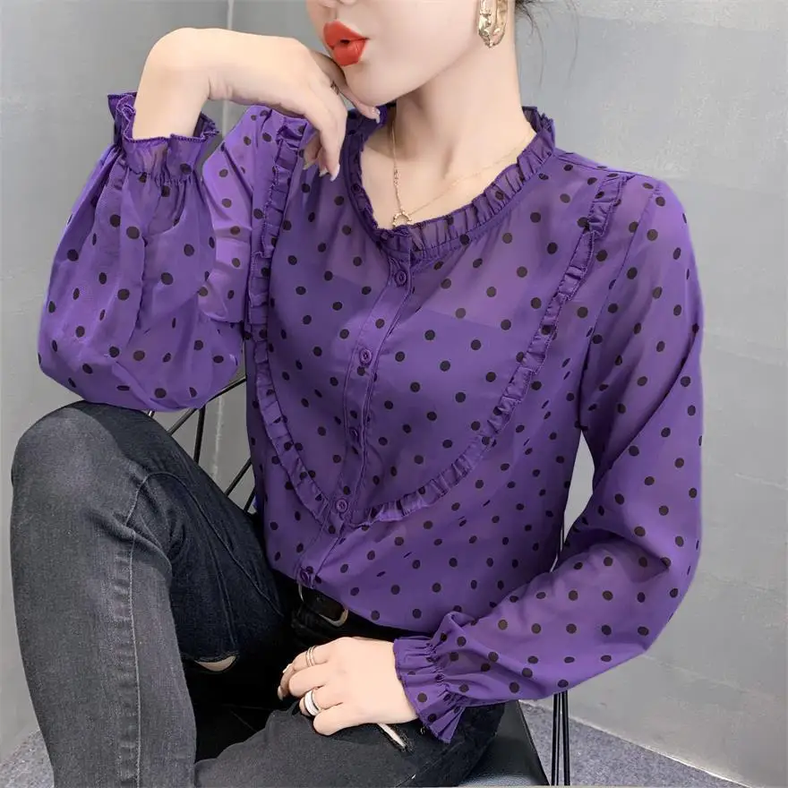 

Fashion O-Neck Printed Button Spliced Ruffles Polka Dot Chiffon Shirt Loose Casual Tops Summer and Autumn Commute Women's Blouse