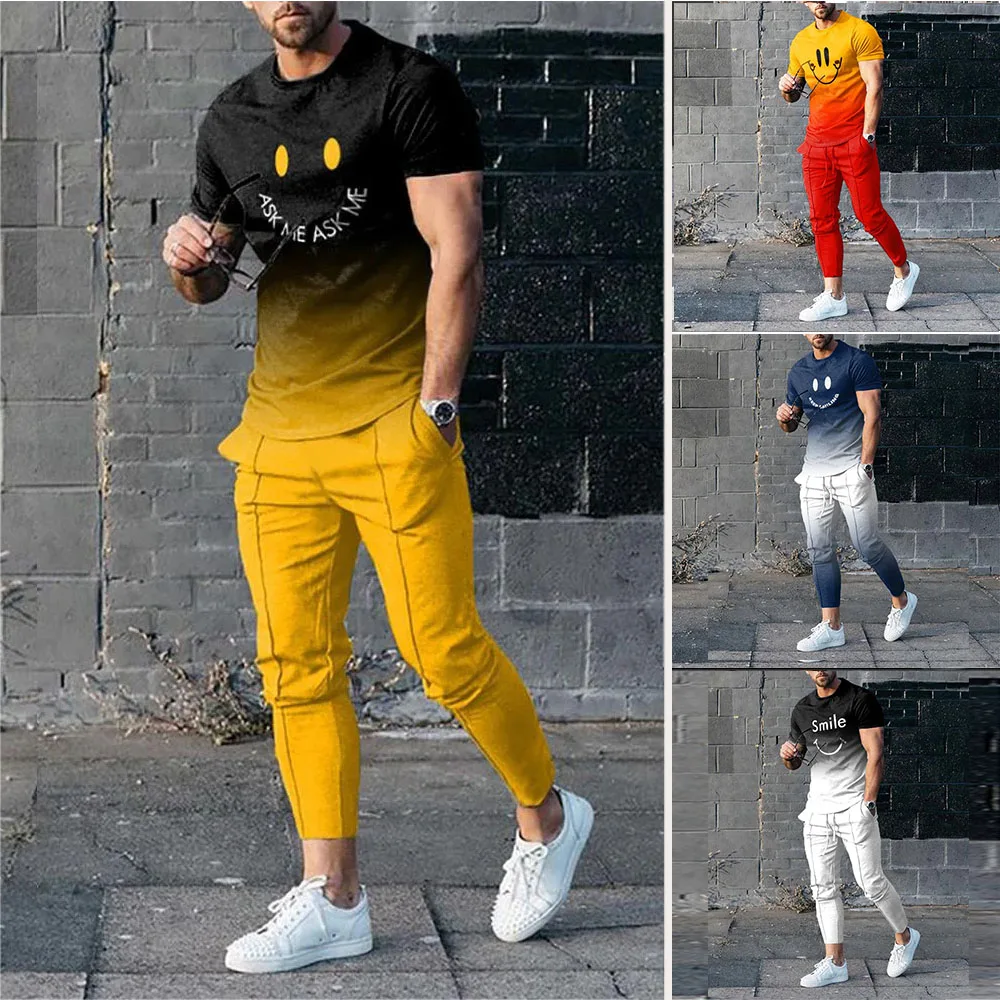 

2023 Men Clothing Men's Suit Tracksuit 2 Piece Set Jogger Outfit 3D Printed Summer Funny Smiley Short Sleeve T Shirt+Long Pants