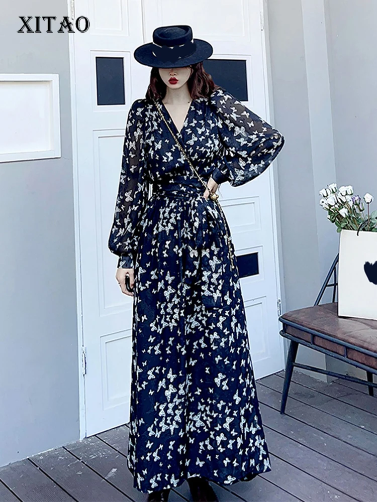 

XITAO, женское Повседневное платье с принтом, Корея, новинка зимы 2022, модное свободное платье до щиколотки с v-образным вырезом и длинным рукаво...