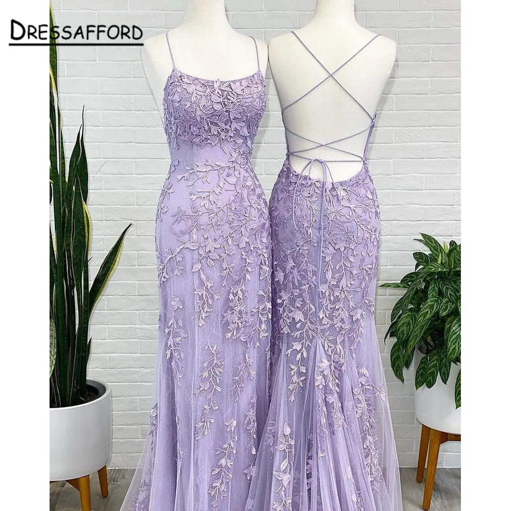 

Elegant Evening Prom Dresses Long Lace Spaghetti Straps Sleeveless 2022 Simple Backless Bridesmaid dress Women