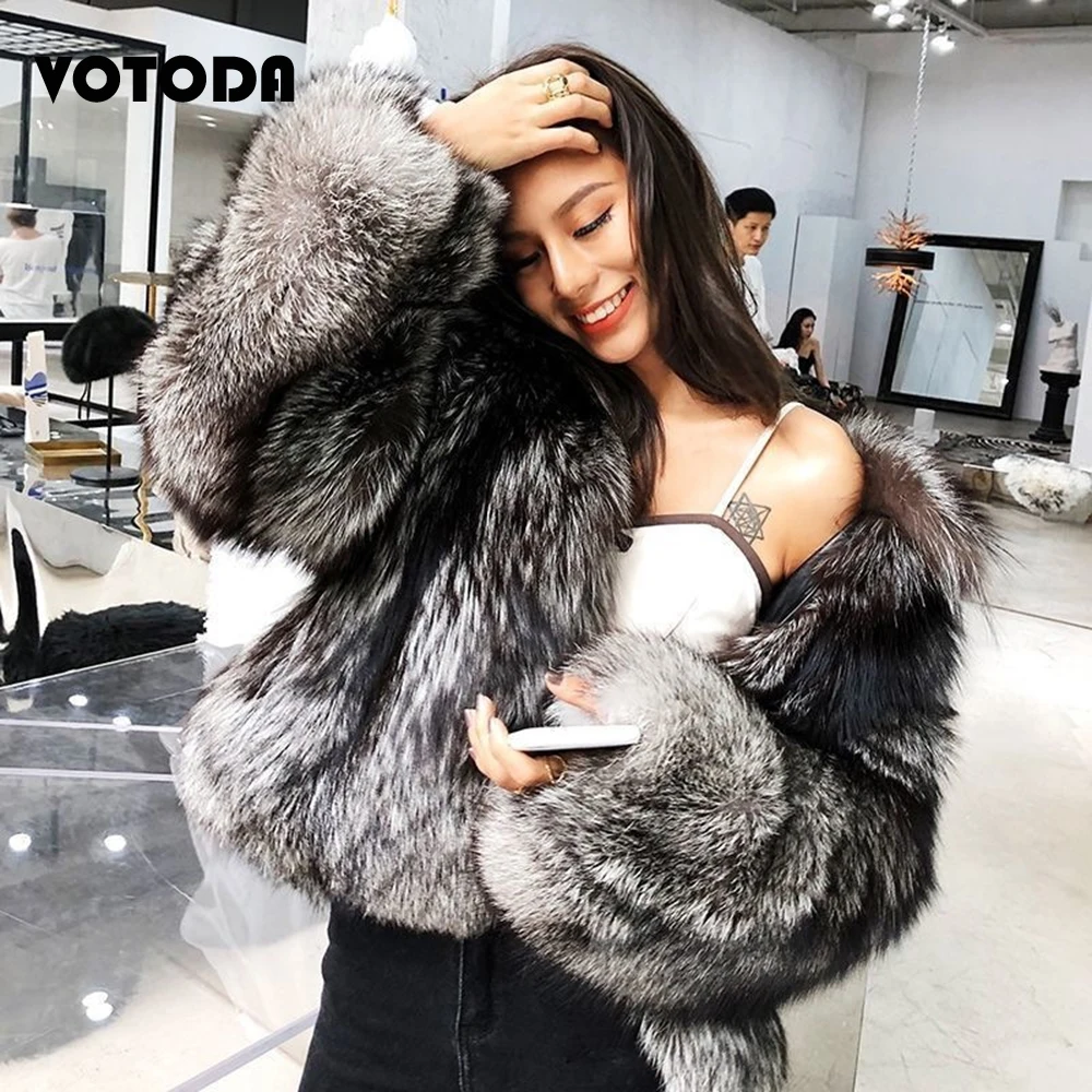 Winter Women Silver Fox Fur Coat High Quality Luxury Faux Fur Jacket Thicken Long Sleeve Fox Fur Overcoat Fluffy Furry Outerwear