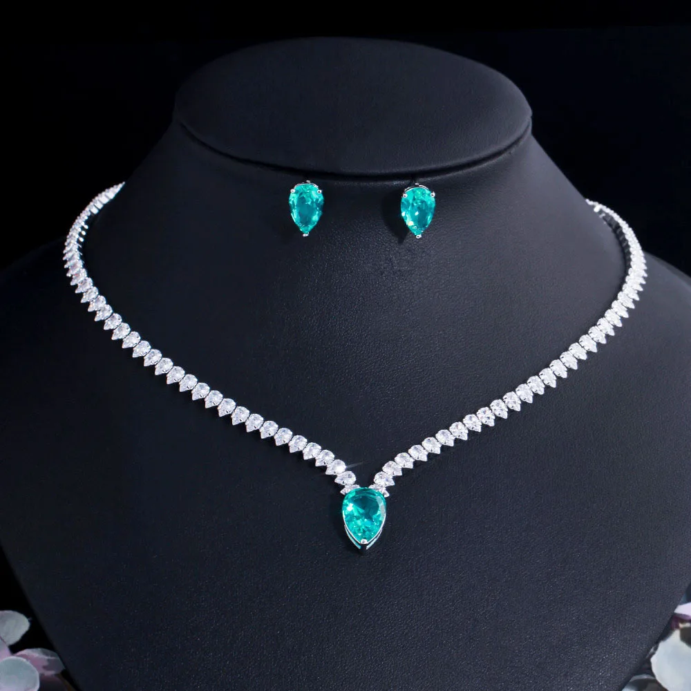 

Elegant Big Light Green Water Drop CZ Crystal Necklace and Earrings Women Gift Engagement Party Costume Jewelry Sets Accessories