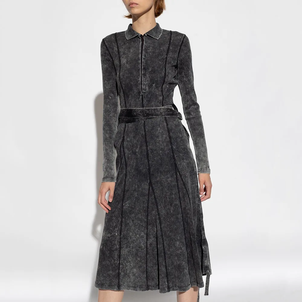 

Новинка 2023, женское платье ранней осени Y2k, винтажное промытое серое платье с поясом, простое модное темпераментное длинное хлопковое платье с баской