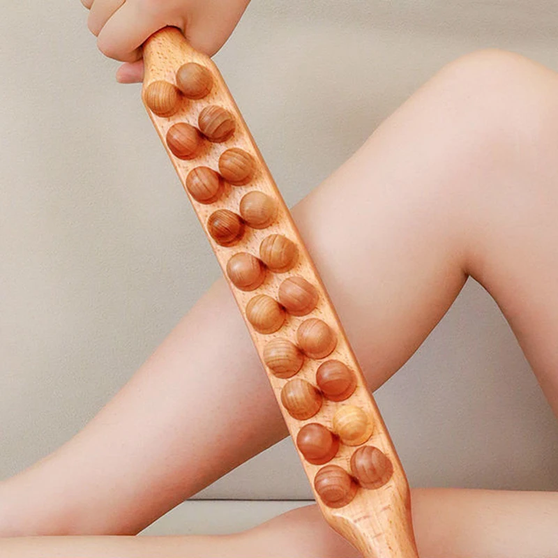 Natural Wood Scraping Massage Stick Double Row 20 Beads Back Leg Body Massager Spa Therapy Tool Point Treatment Gua Sha Relax