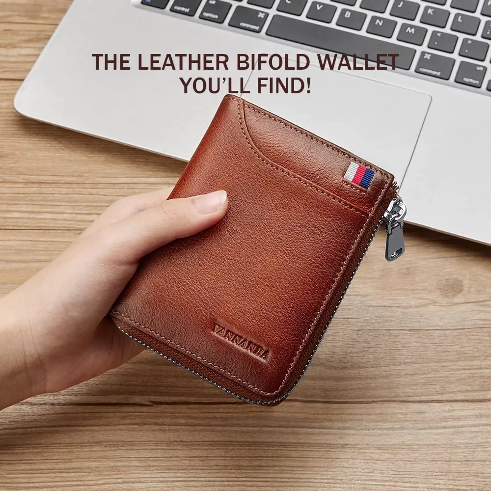 VANNANBA Mens Genuine Leather Zipper Wallet RFID Blocking Bifold Zip Around Wallets Multi Credit Card Holder with Coin Pocket