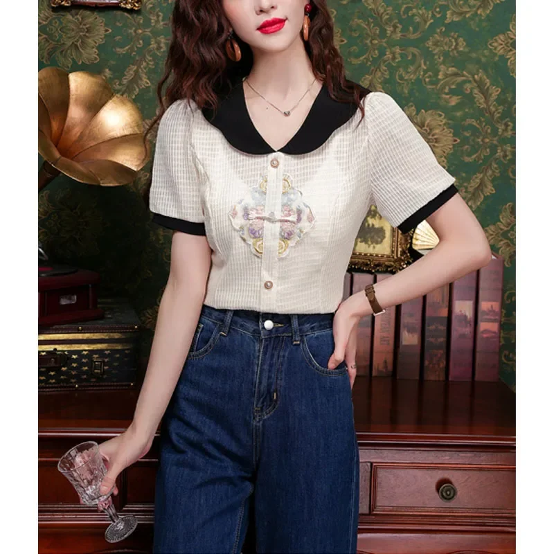 Новая женская летняя рубашка в китайском стиле с контрастным воротником и