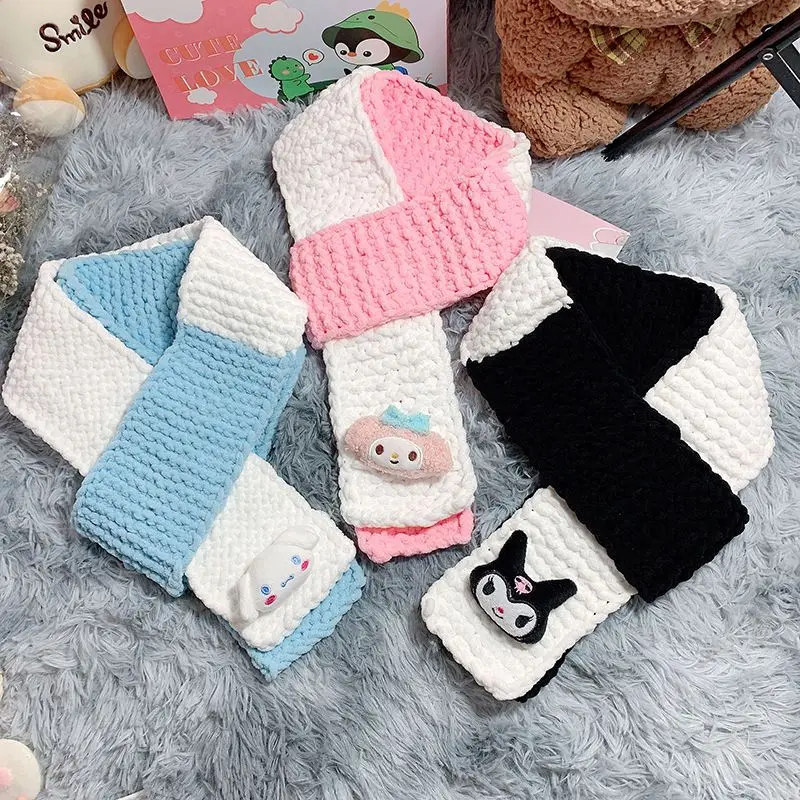 

Sanrioed Cartoon Knitted Wool Scarf Kawaii Anime Mymelody Cinnamoroll Kuromi Couple Scarf Winter Thickening Warm Christmas Gift
