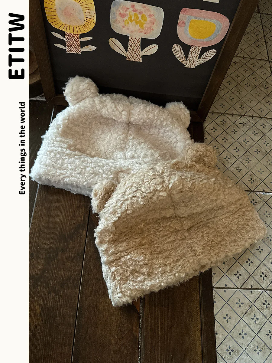 Etitw корейская кепка с рукавами медвежьими ушками женская из овечьей шерсти на