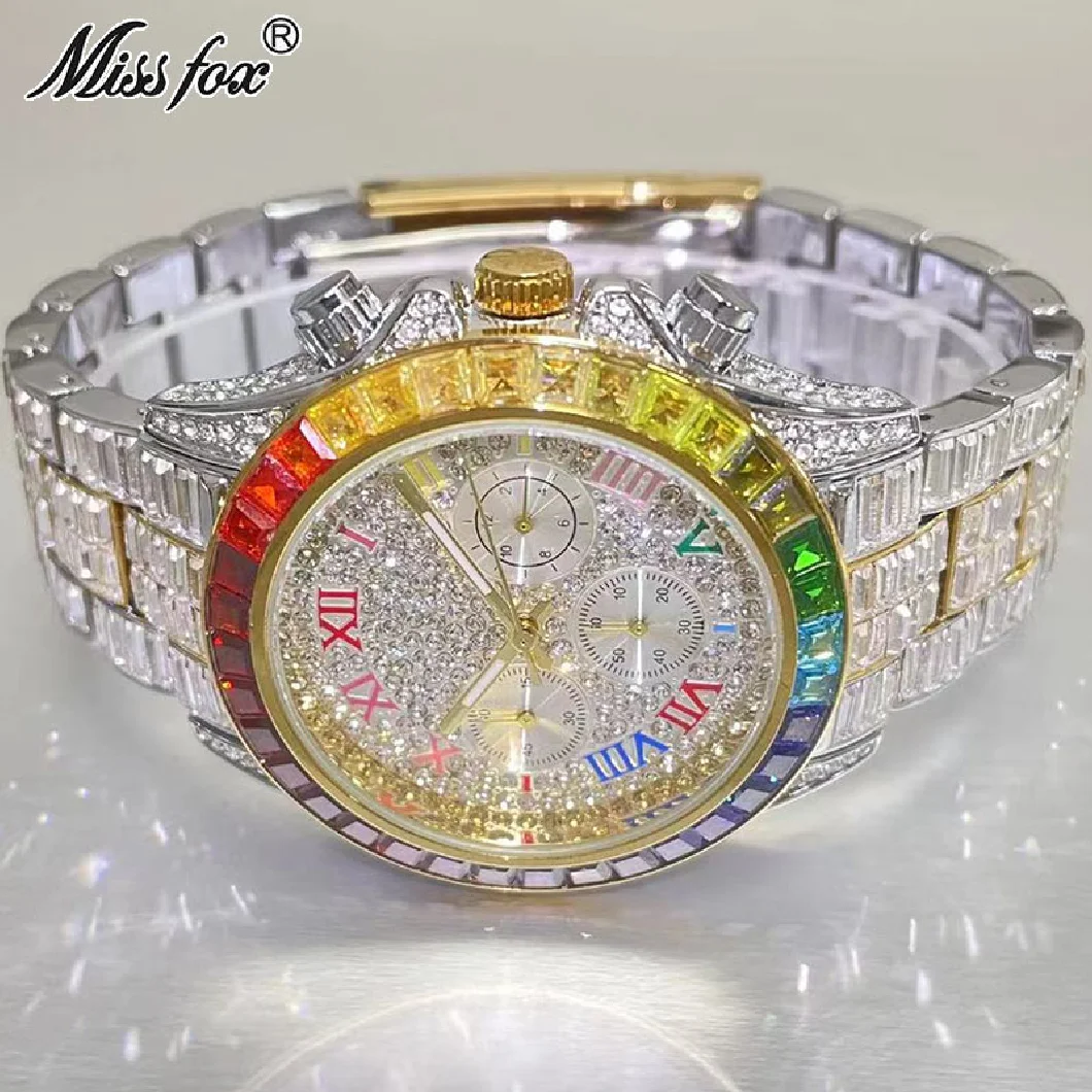 

Luxury Brand MISSFOX Gold Watch For Mens Fashion Iced Out Waterproof Wristwatch Rainbow Diamond Jewelry Clocks Male Reloj Hombre