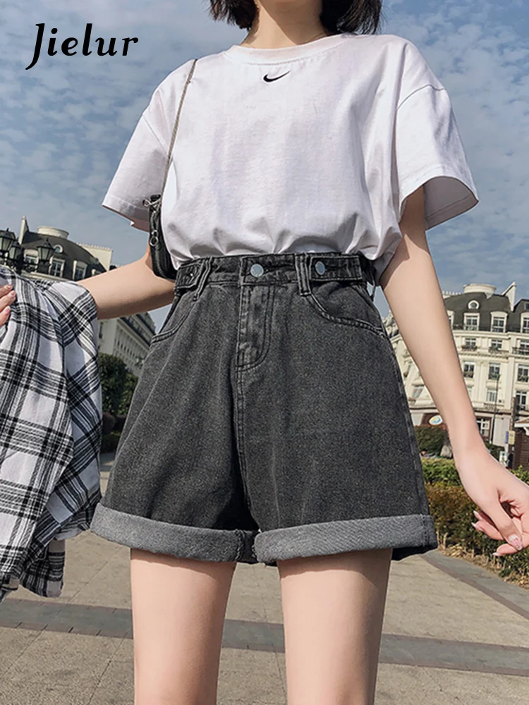 

Jielur New 2022 Summer Women High Waist Button Wigh Leg Jeans Shorts Casual Female Loose Fit Blue Denim Shorts