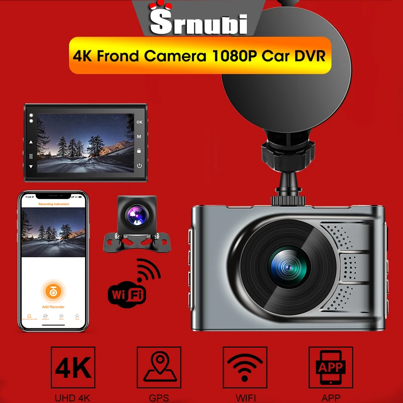 

Srnubi Dash Cam 4K 3" Car Camera DVR Dual Lens 2160P UHD Universal Front and Rear Cam Night Vision WDR Built-In GPS WiFi