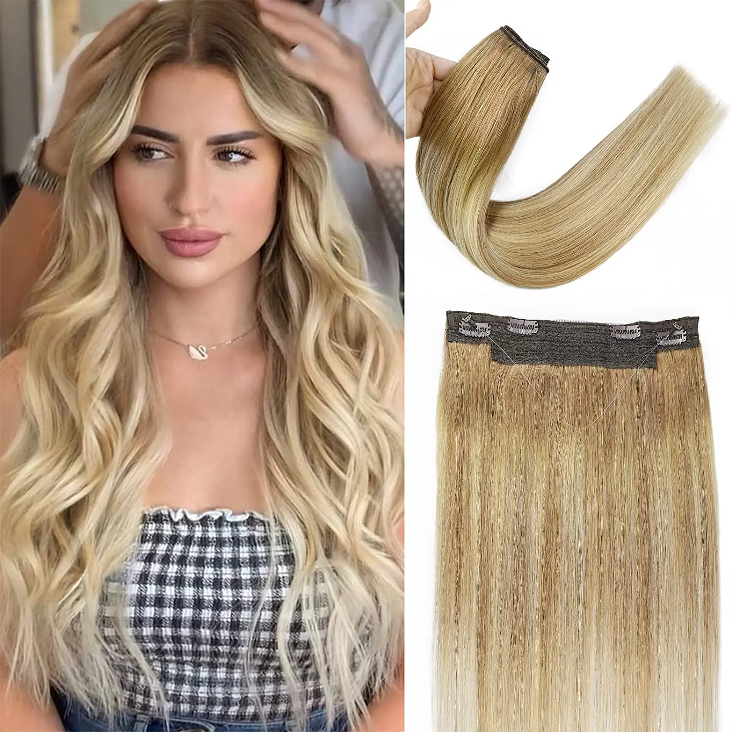 Clip-in Human Hair Extensions Weft Hairpiece Fishing Wire One Piece Remy Hair for Women Brown to Platinum Blonde Balayage Color