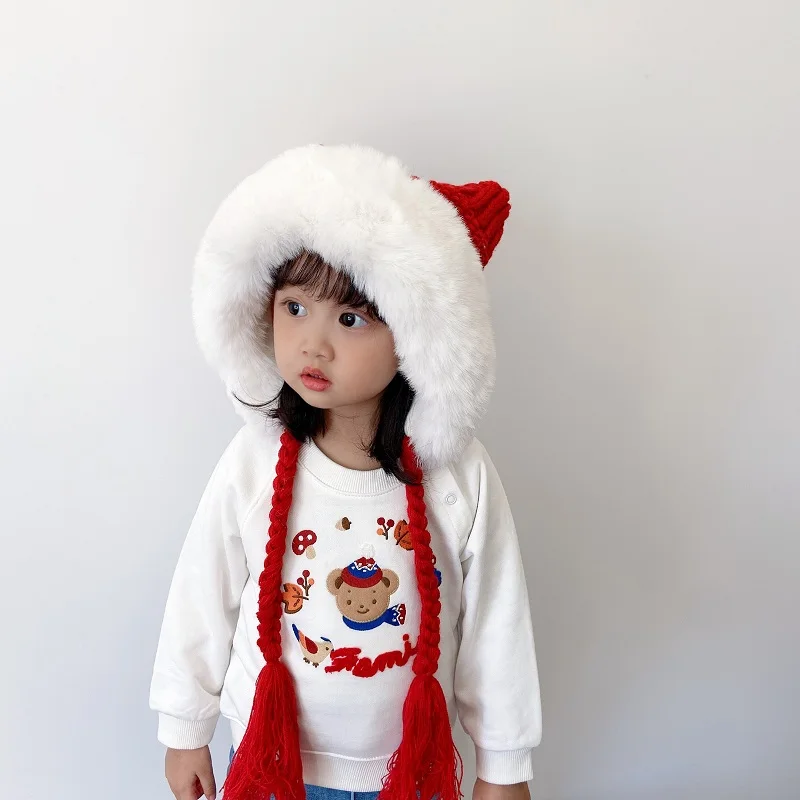 

Christmas Caps Knitted Plush With Pigtails Baby Winter Hat For Girls Warm Fluffy Bonnet Kids Hats Czapka Dla Dziewczynki