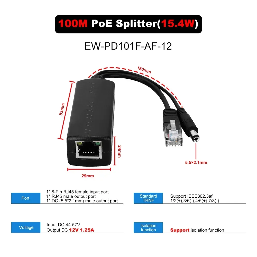 

POE разветвитель 48V до 12V RJ45/DC