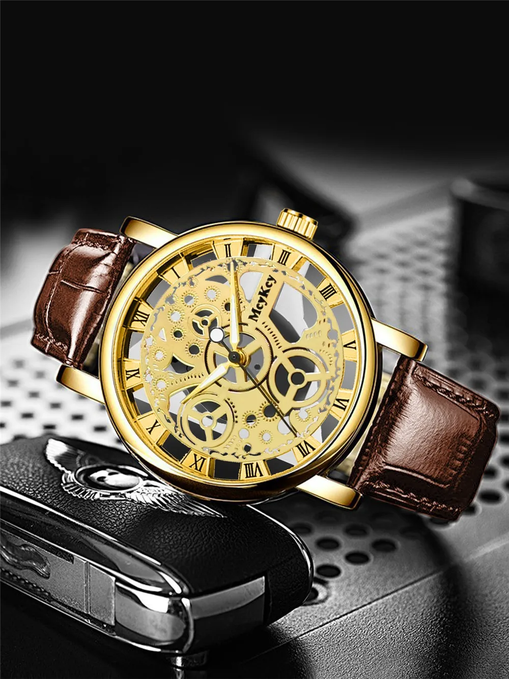 Men's Transparent Hollow Out Imitation Mechanical Quartz Watch, A High-end Fashion Must-have For Men