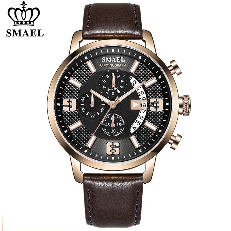 

SMAEL Quartz Watch Men Fashion Chronograph Sport Mens Leather Strap Watches Military Clock Male Reloj Hombre Relogio Masculino