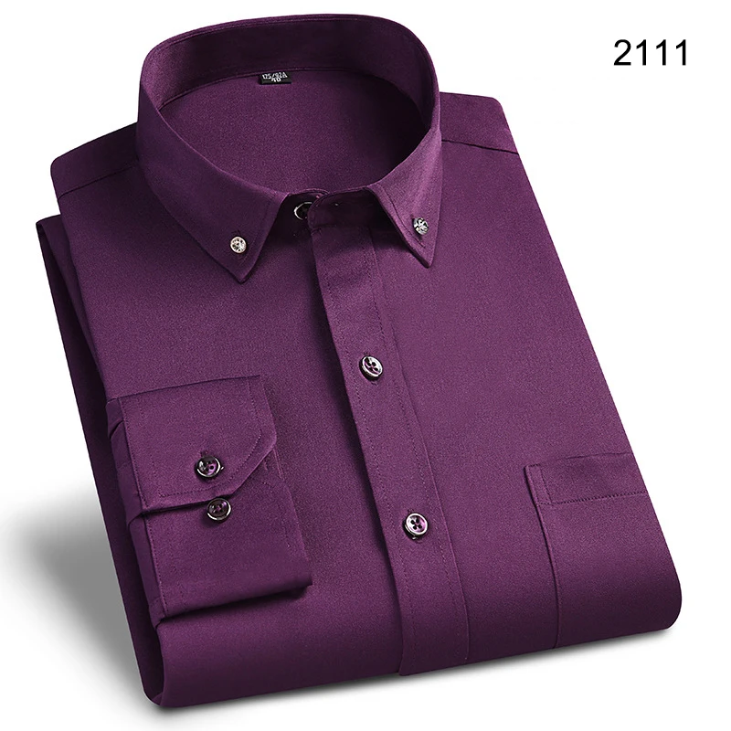Men's Long-sleeved Shirts Solid Color Purple Pink Polyester Stretch Breathable New Fashion Style Slim Fit Business Casual Shirt
