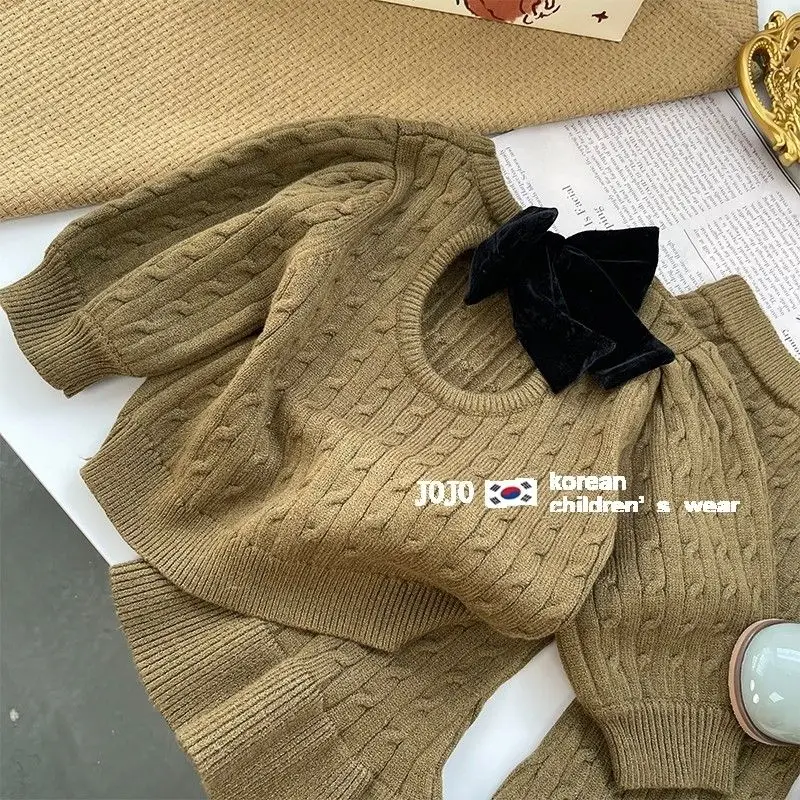 

2022 Children Sets Tops Sweater O-neck Collar Pullover Bowknot Flare Pants Elastic Waist Cotton Sweet Unique Fashion Autumn Girl