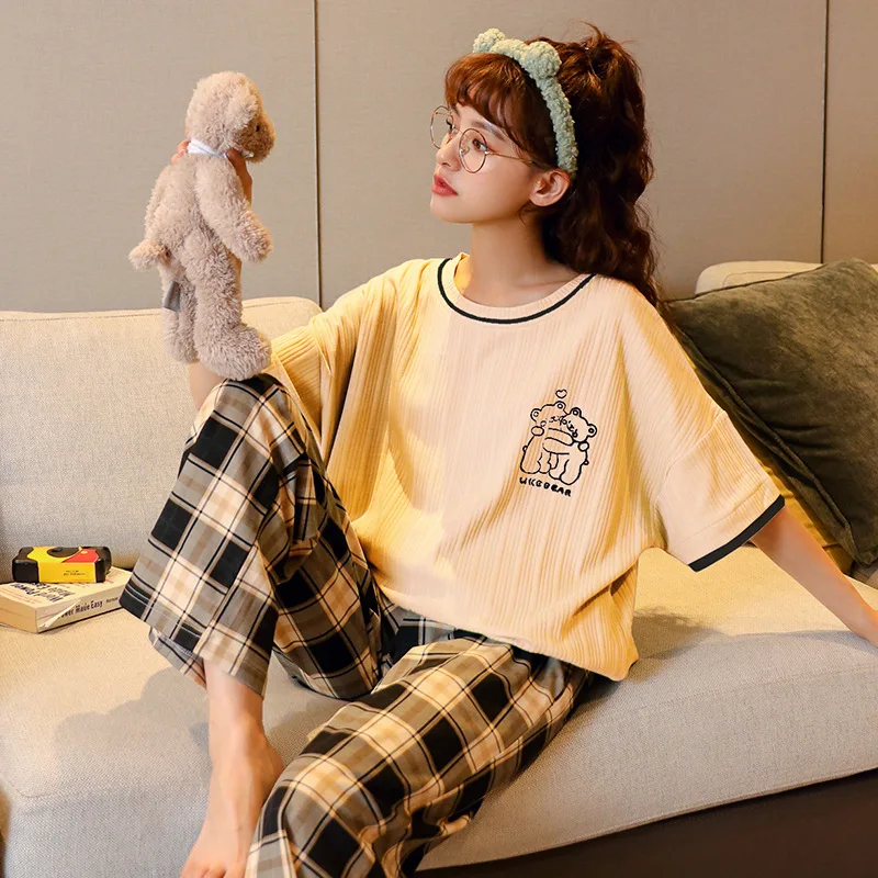 New Sleepwear Cotton Pajamas Set for Women Long Pants Short Sleeved Summer Spring Cartoon Loungewear Fashion Home Clothing Homew