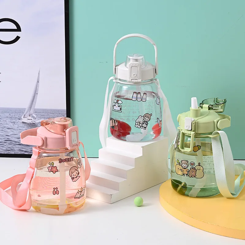 

1100ml Straw Water Bottles with Stickers Cute Big Belly Bottle for Water Cup Outdoor Fitness Sports Bottle Kettle Large Capacity