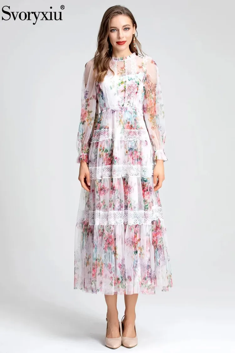 

Svoryxiu Summer Designer Fashion Gorgeous Elegant Gauze Midi Dress Women's Flare Sleeve Lace Floral Print High Waist Slim Dress