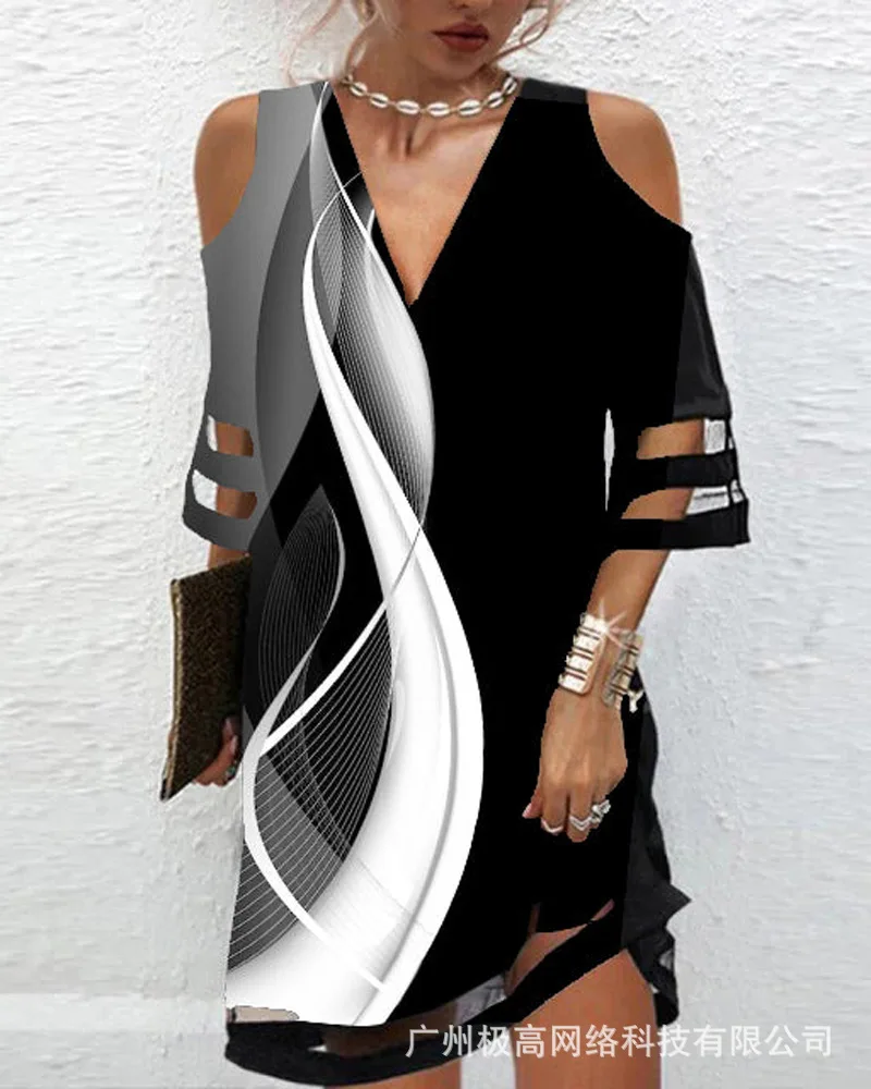 

Abstract Print Colorblock Cold Shoulder Contrast Mesh Casual Dress Women Spring Summer V Neck Mini Dress