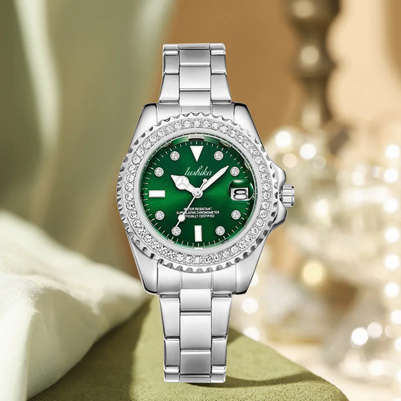 

Luxury Diamond Women Watches Classic Green Dial Crystal Bezel Steel Leather Wrist Watches for Women Elegant Ladies Reloj Mujer