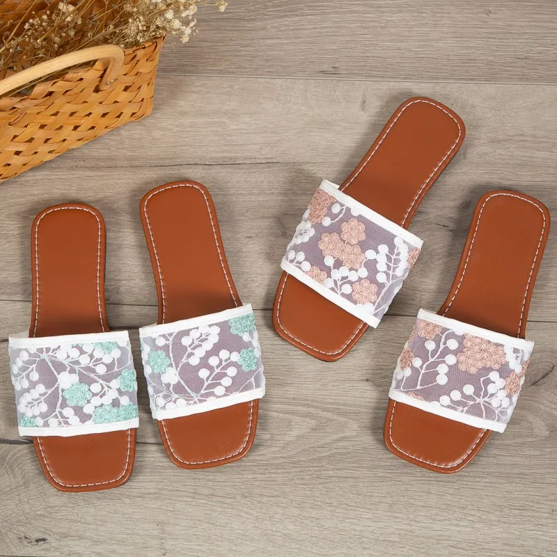 Women's Sandals Boho Style Colorblock Embroidered Casual Simple Flat Sandals Slipper for Women Indoor Outdoor Sandals for Women