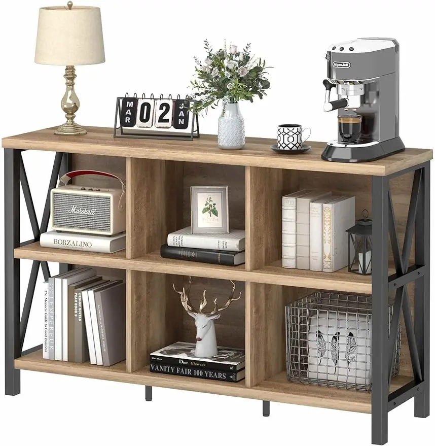 

FATORRI 6 Cube Storage Organizer with Shelf, Long Wood and Metal Cubby Bookcase, Industrial Horizontal Bookshelf ( 47 Inch)