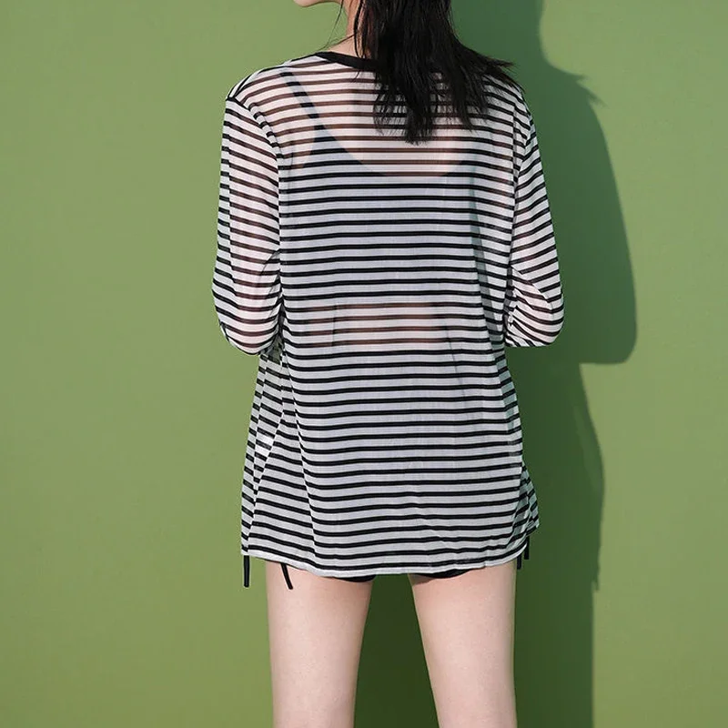 Женская стильная пикантная прозрачная накидка в полоску комплект бикини из 3