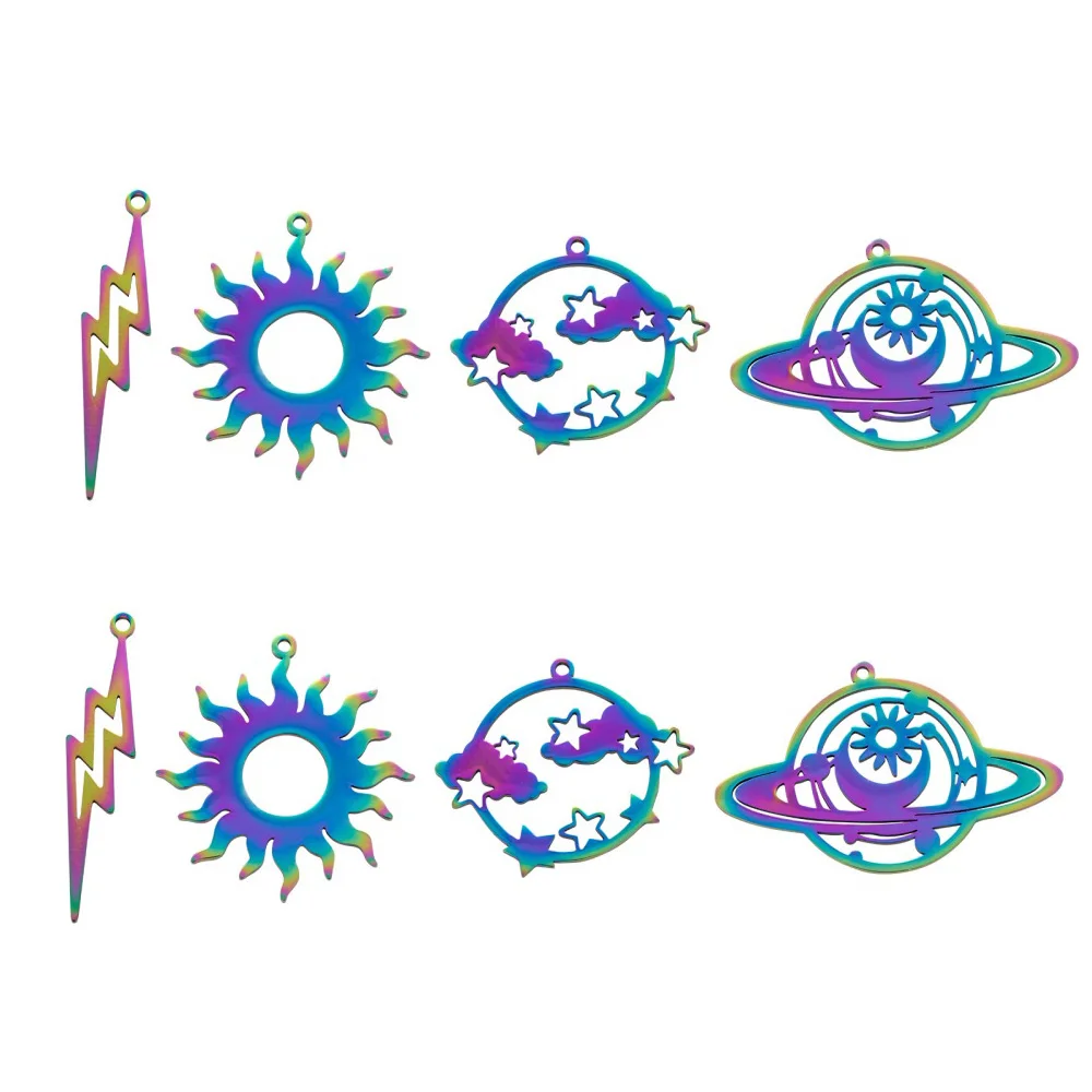 

8Pcs Stainless Steel Rainbow Filigree Charms Hollow Sun Star Lightning Planet Pendants for Necklace Earrings DIY Jewelry Making