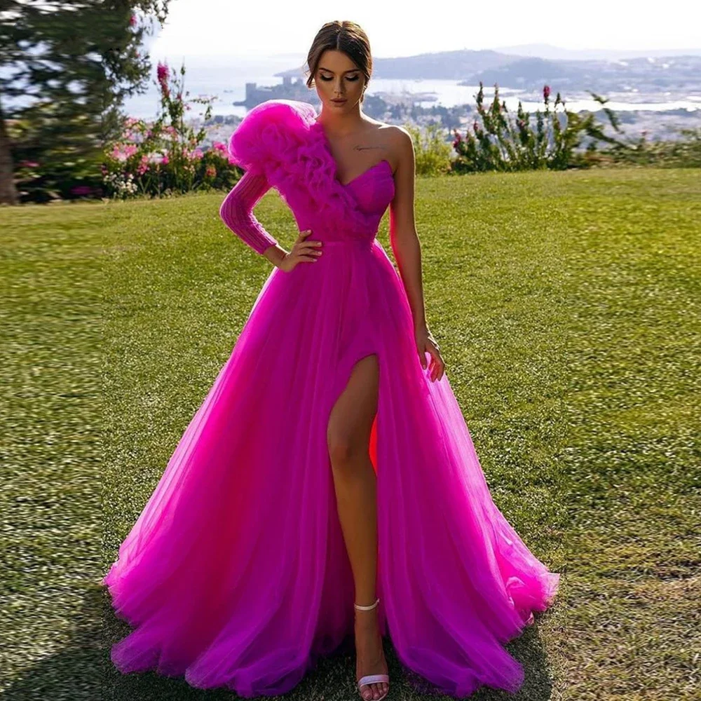 

Vinca SunnyTulle Evening Dresses Vestidos De Fiesta One Sleeve V-neck Puff Organza Arabic Dubai Formal Gowns Leg Slit Prom Gowns