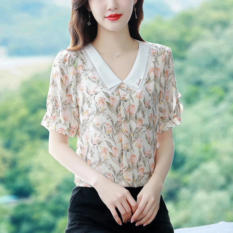 

Chiffon Short Sleeve Floral Printed Shirts For Women 2022 Summer New Design Casual Thin V-Neck Women-Blouses Office Lady Tops