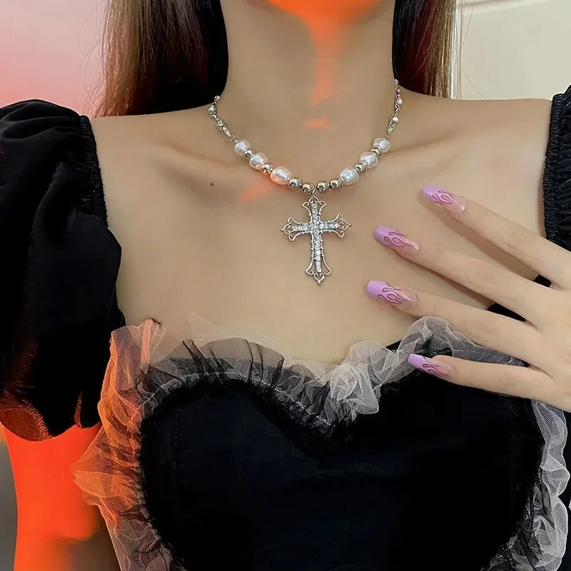 Новое готическое жемчужное ожерелье с крестом из циркония Y2K женское колье