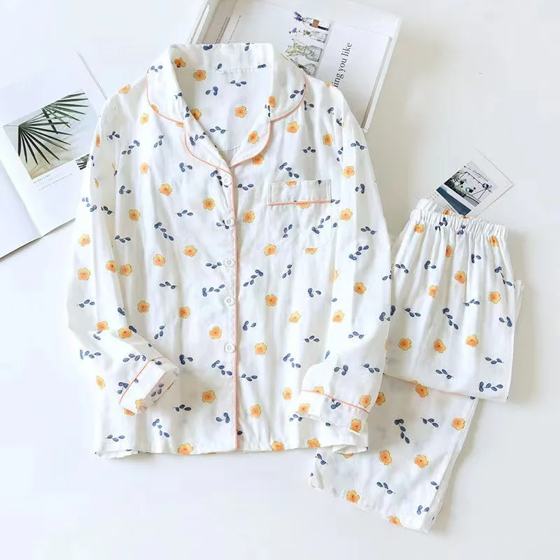 100% Cotton Women Pajamas Set 2 Piece /Set Turn-Down Collar Long-Sleeve Trousers Casual Sleepwear Female Homewear