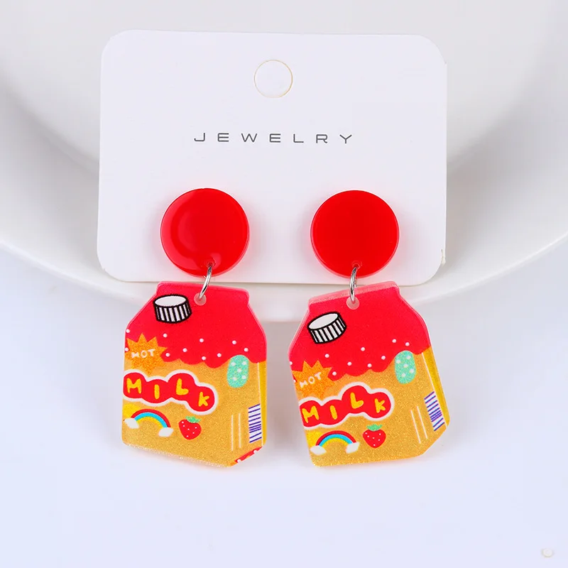

Разноцветные акриловые серьги для женщин и девушек с изображением мультяшных фруктов, молока, питьевых бутылок, милые крутые модные геомет...