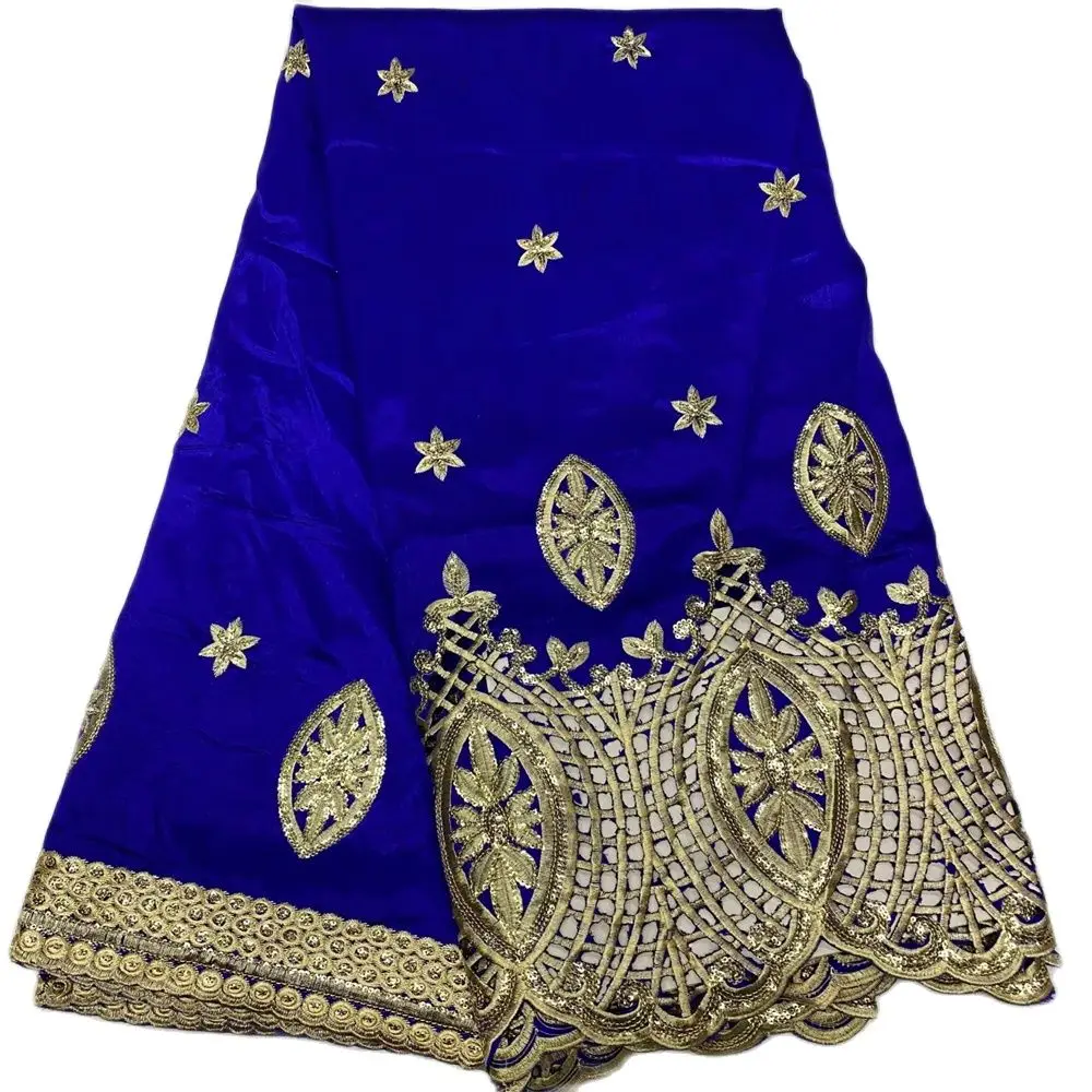 

Горячая Распродажа, кружевная ткань с вышивкой George для индийских свадебных платьев, королевский синий модный золотистый гипюр George 5 ярдов