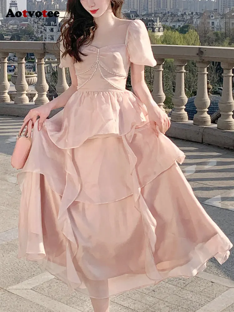 

Aotvotee Chiffon Dress for Women 2023 New Fashion Fairycore Puff Sleeve Tierred Midi Dress Elegant Sweet Square Collar Y2k Dress