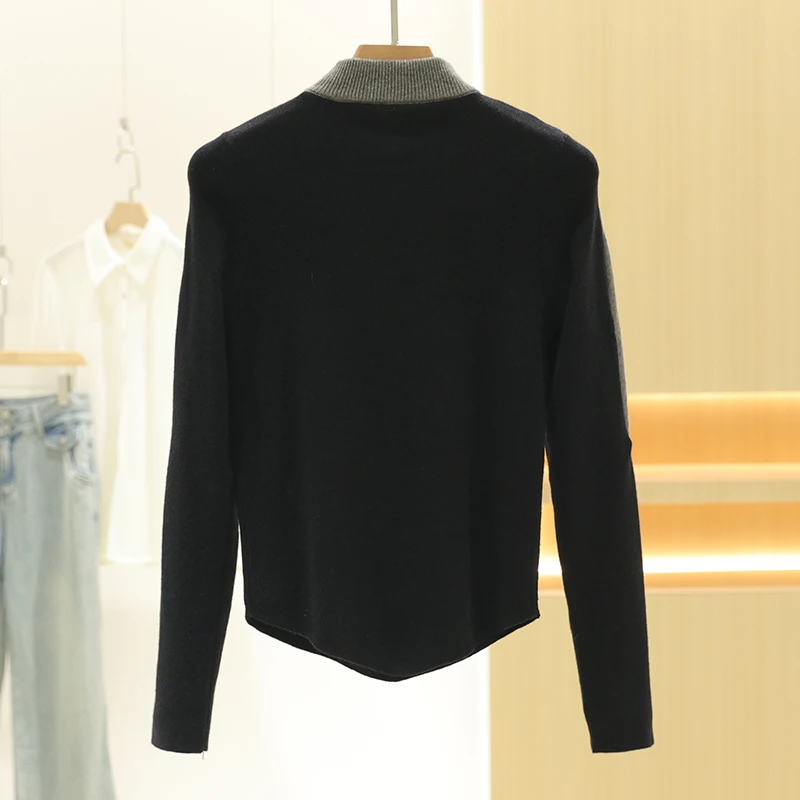 [Sha] Elegant Small Stand Collar Fake Two-Piece Commuter Slimming Long sleeve Knit sweater 24 Winter New Withdraw from Cupboa...