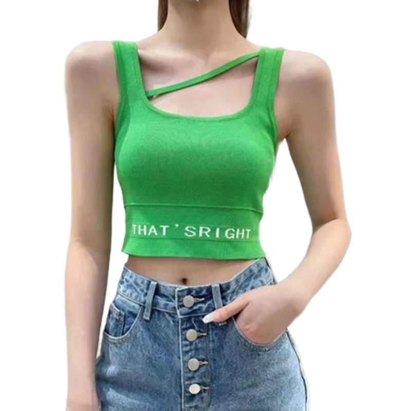 

CPDD Women Sleeveless Crop Tank Top Irregular Cutout Strappy Oblique Neck Knit Camisole Solid Color Letters Slim Sports Vest